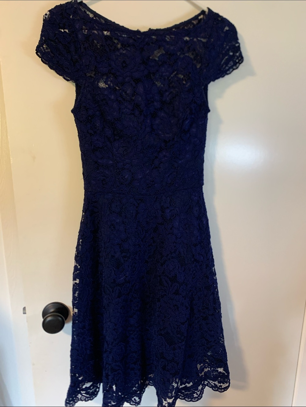 le chateau Navy Blue Lace Fit-and-Flare Dress
